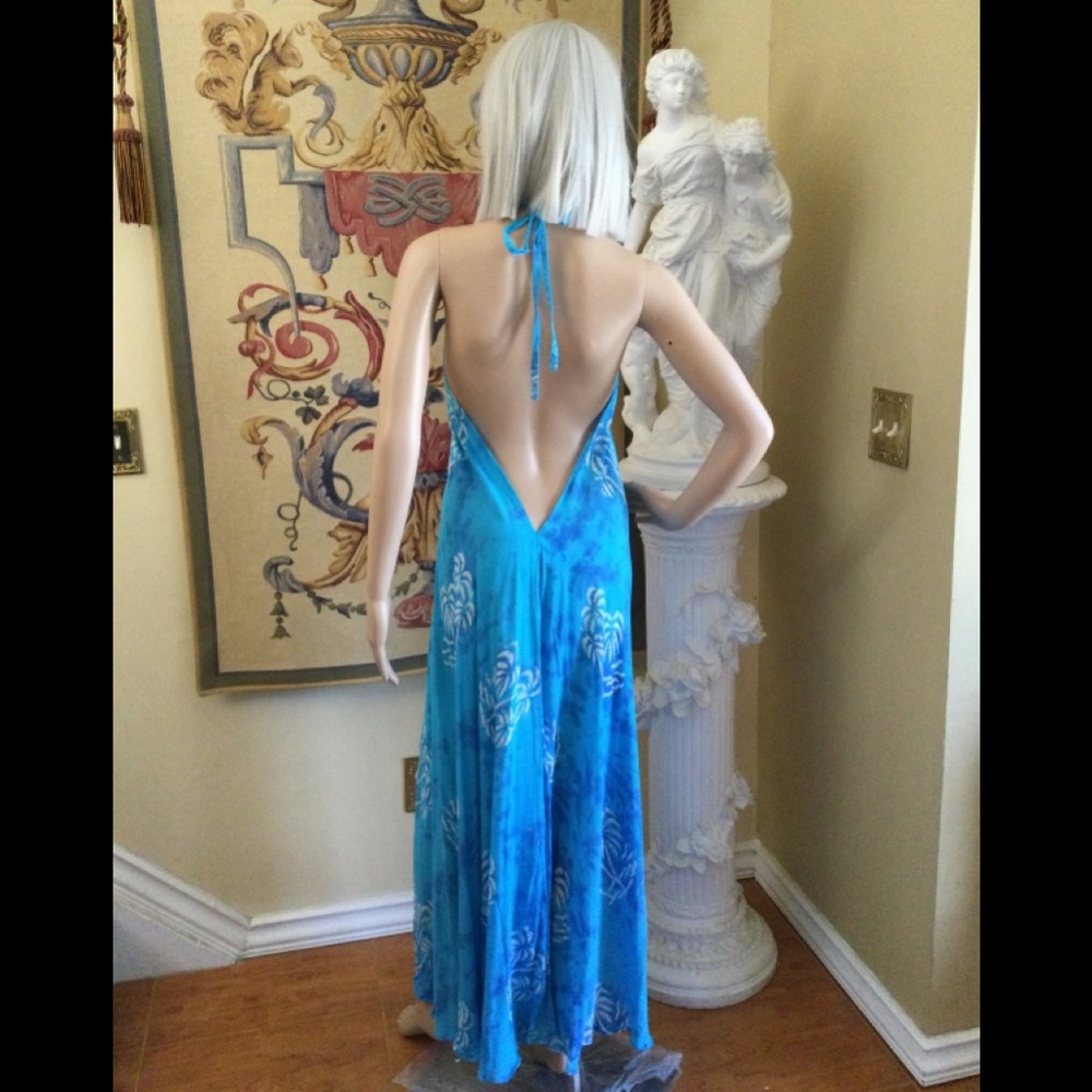 Bohemian Tie Dye Maxi Dress, Halter Backless, Asymmetrical Swim Cover Up Turq OS